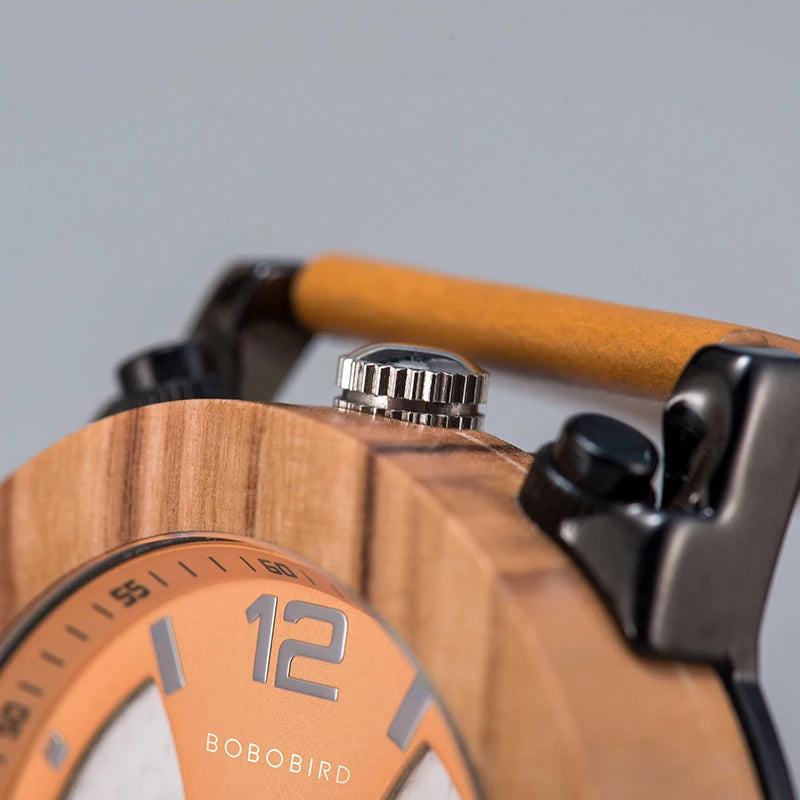 BOBOBIRD Fashion Men's Wood Watch Male Chronograph Genuine Leather Quartz Wristwatch High Quality Movement relogio masculino