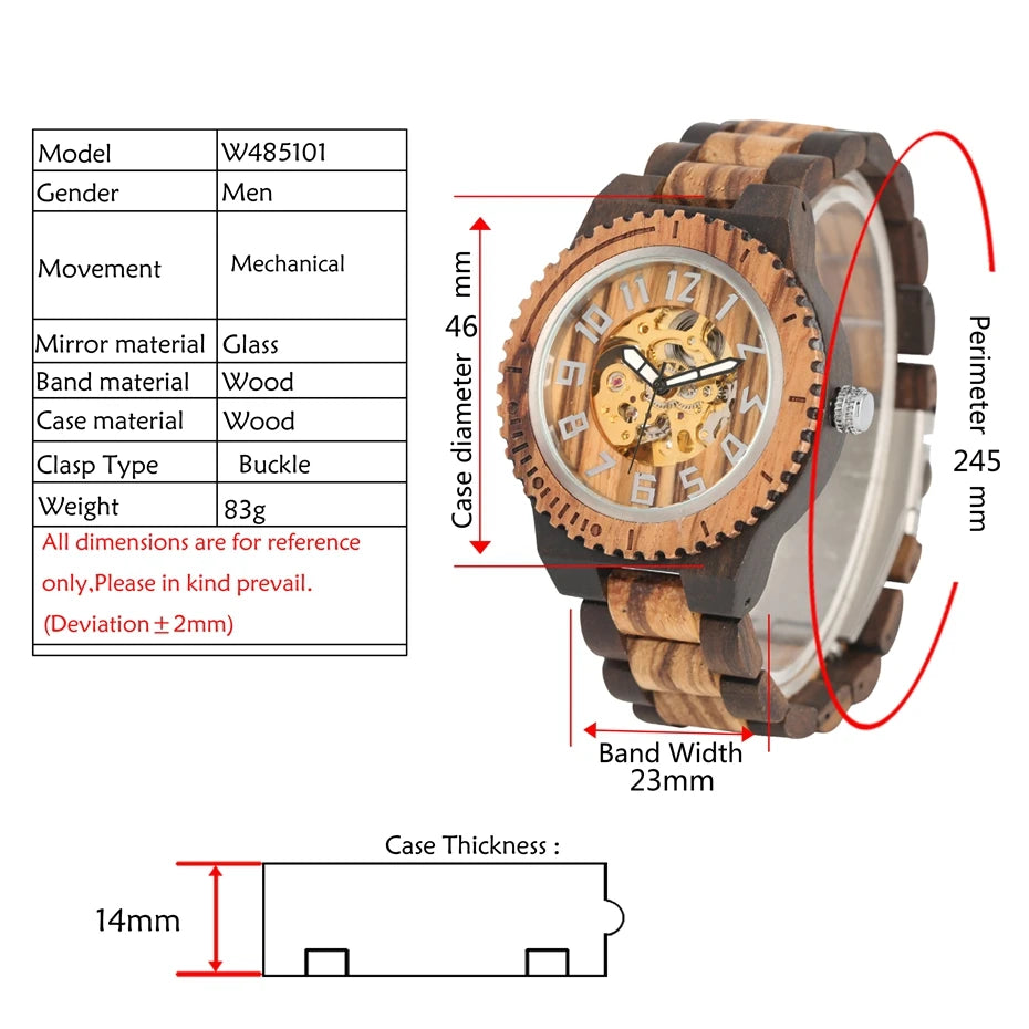 Retro Wooden Watch Mens Automatic Mechanical Watches Adjustable Wood Bracelet Self Winding Clock Hours Wristwatch Relojes Hombre