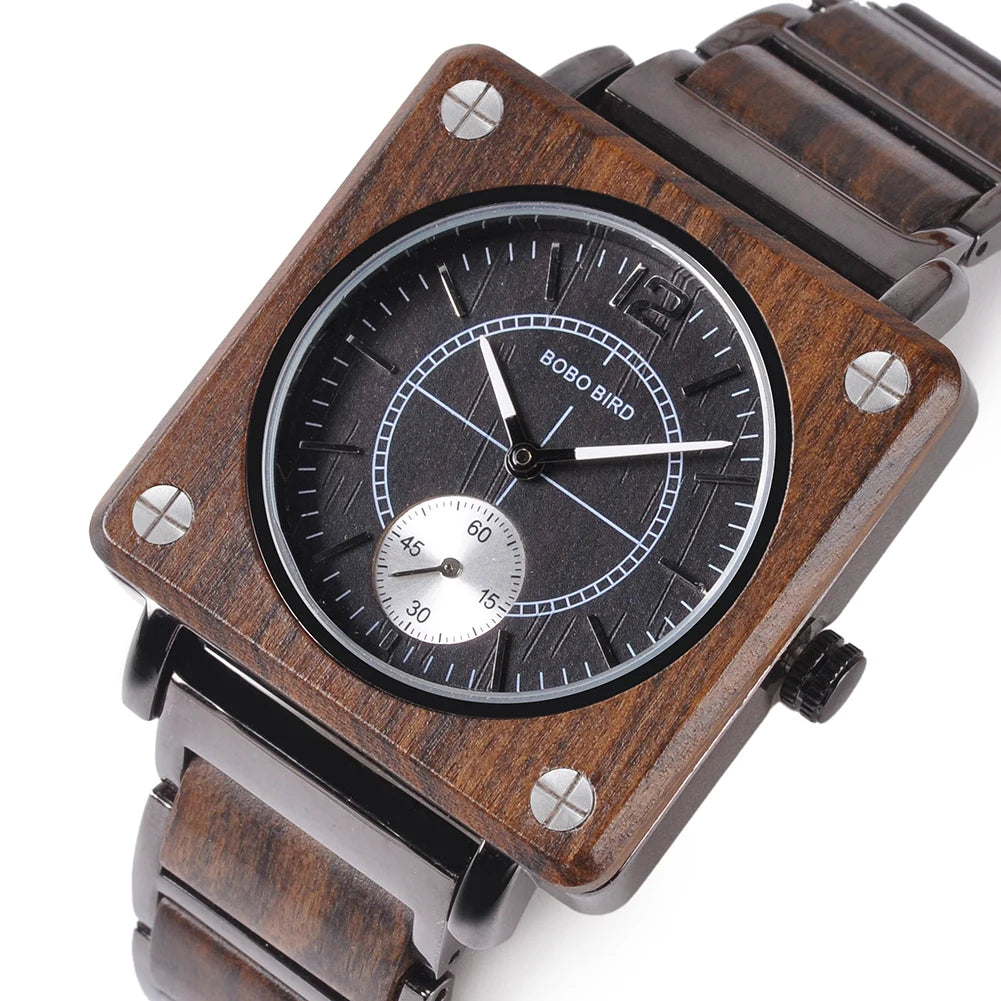 Reloj Madera BOBO BIRD Luxury Brand Wood Watch Men Square Wristwatch Japanese Seiko Movement Relogio Masculino In Gift Box