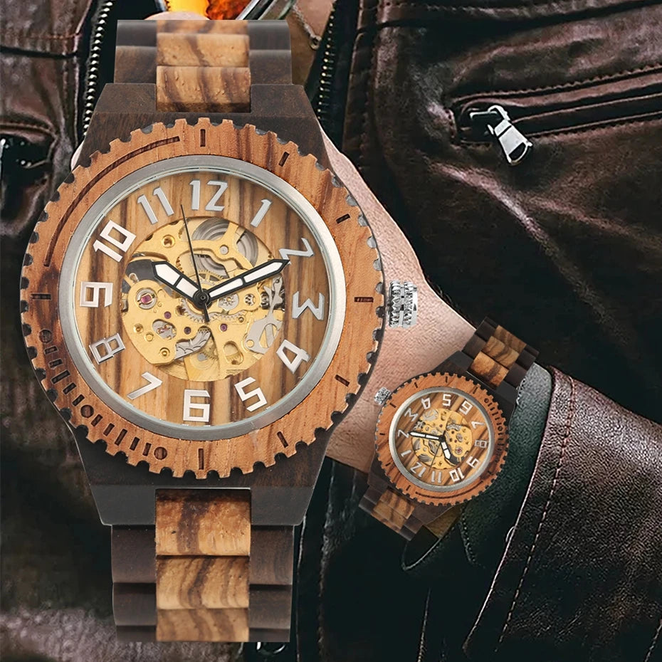 Retro Wooden Watch Mens Automatic Mechanical Watches Adjustable Wood Bracelet Self Winding Clock Hours Wristwatch Relojes Hombre