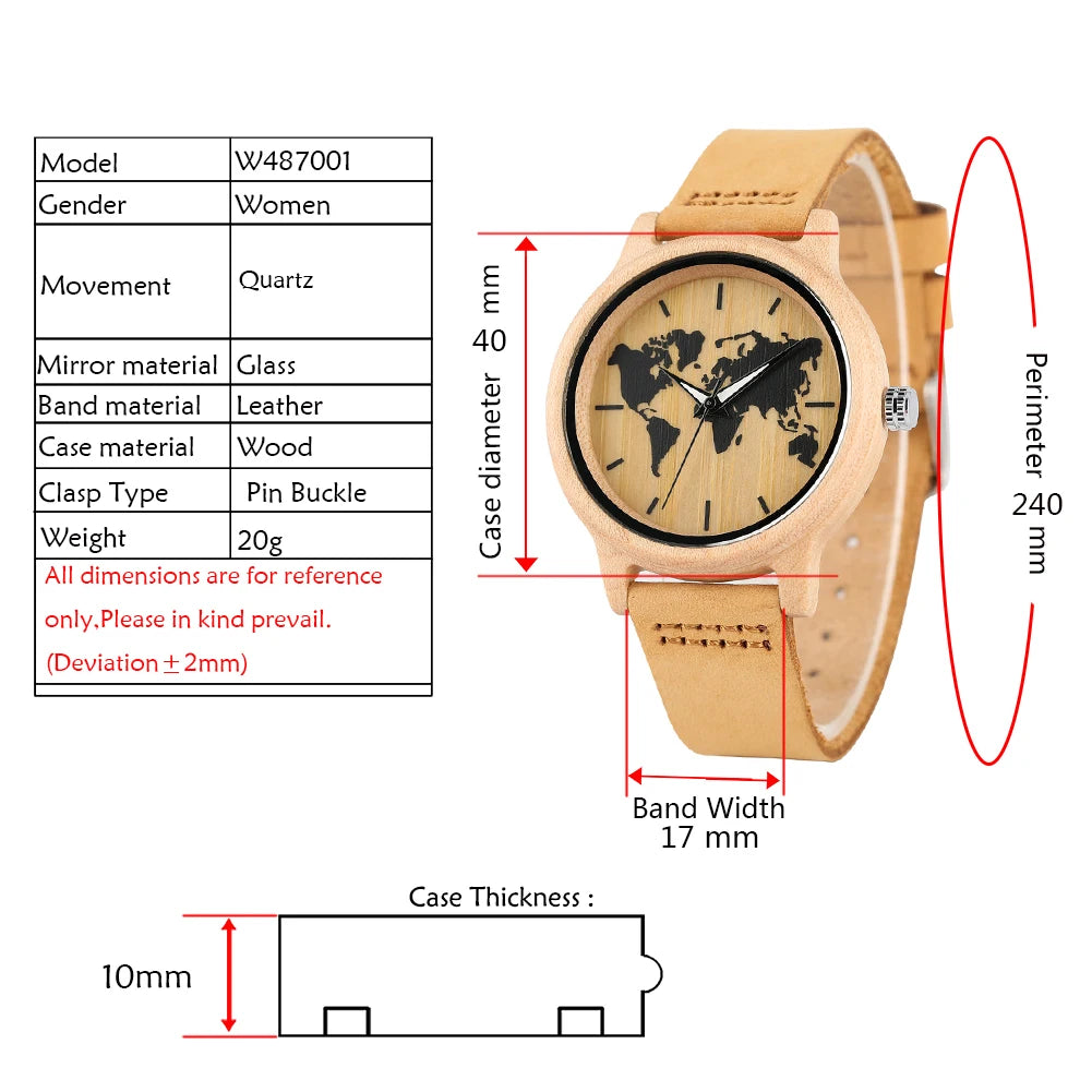 Simple Art Ink Maple World Map Pattern Dial Watch Women's Wood Watch Leather Band Casual Quartz Wooden Wristwatches Ladies Clock