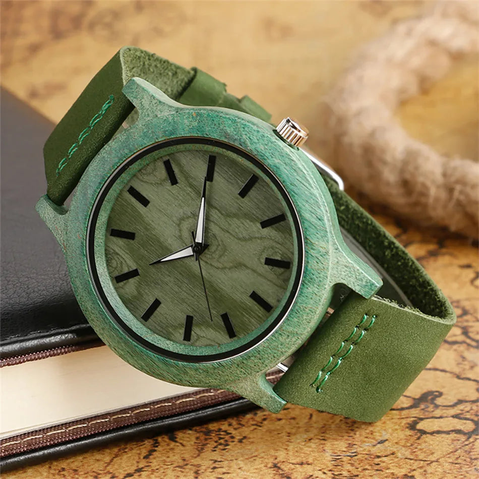 Stylish Simple Green/Red Bamboo Wood Watch Women Genuine Leather Quartz Wristwatch Simple Casual Ladies Wooden Timepiece