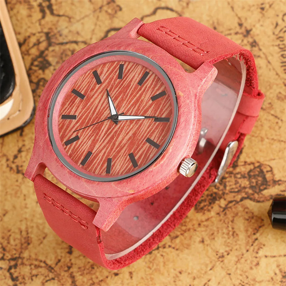 Stylish Simple Green/Red Bamboo Wood Watch Women Genuine Leather Quartz Wristwatch Simple Casual Ladies Wooden Timepiece