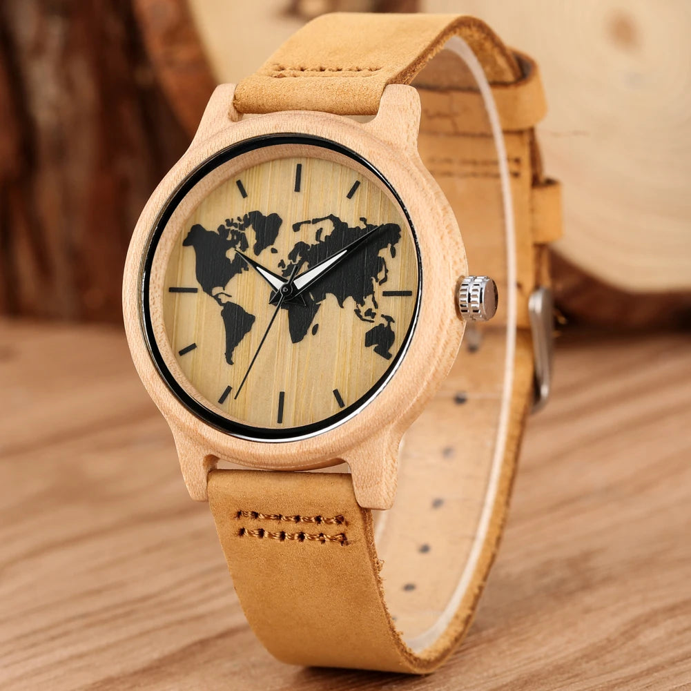 Simple Art Ink Maple World Map Pattern Dial Watch Women's Wood Watch Leather Band Casual Quartz Wooden Wristwatches Ladies Clock