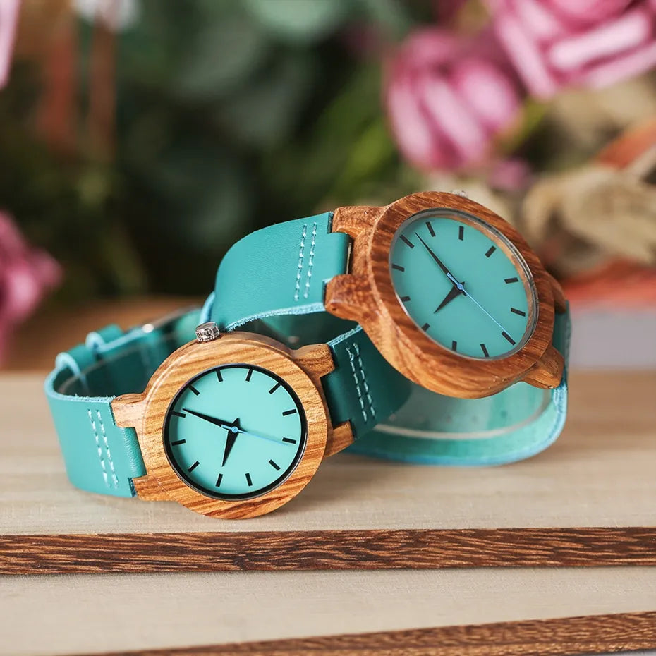 Turquoise Blue Wood Watch Fashion Women Quartz Wooden Watches Modern Bamboo Watch Lady Leather Band Clock Top Gifts Luxury reloj