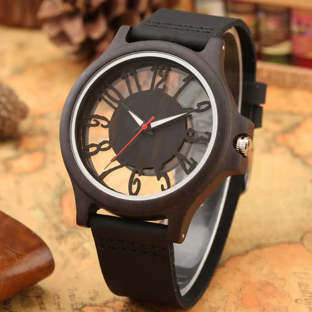 Retro Hollow Transparent Dial Wooden Watches Quartz Timepieces Clock Male Mens Watches Retro Leather Man Clock Relogio Masculino