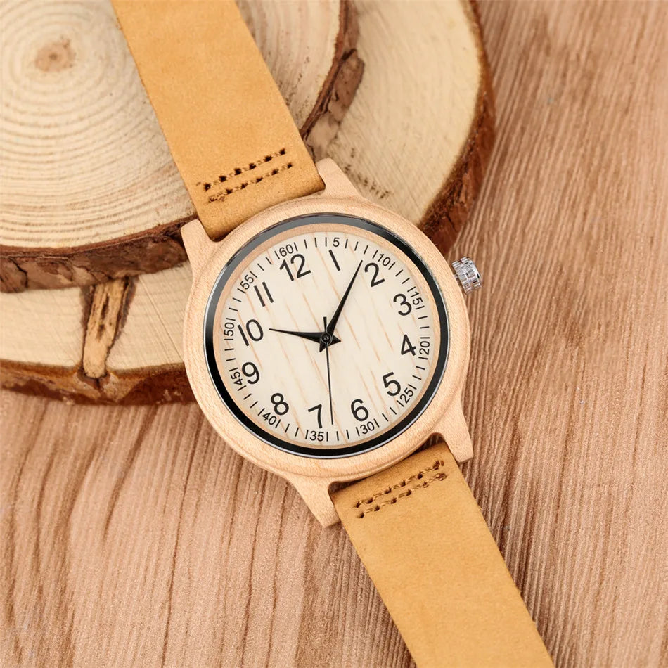 Classic Roman Numerals Display Maple Wood Women's Watches Trendy Brown Genuine Leather Wristband New Fashion Lady Wooden Watch