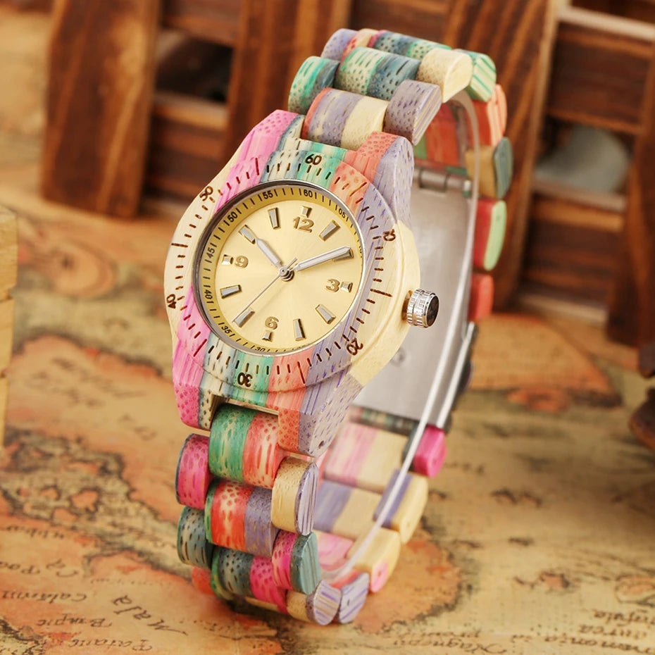 Women Wood Watch 100% Handmade Natural Colorful Bamboo Quartz Wristwatch Design Luxury Montre Bambu Dama Madera Relojes De Mujer