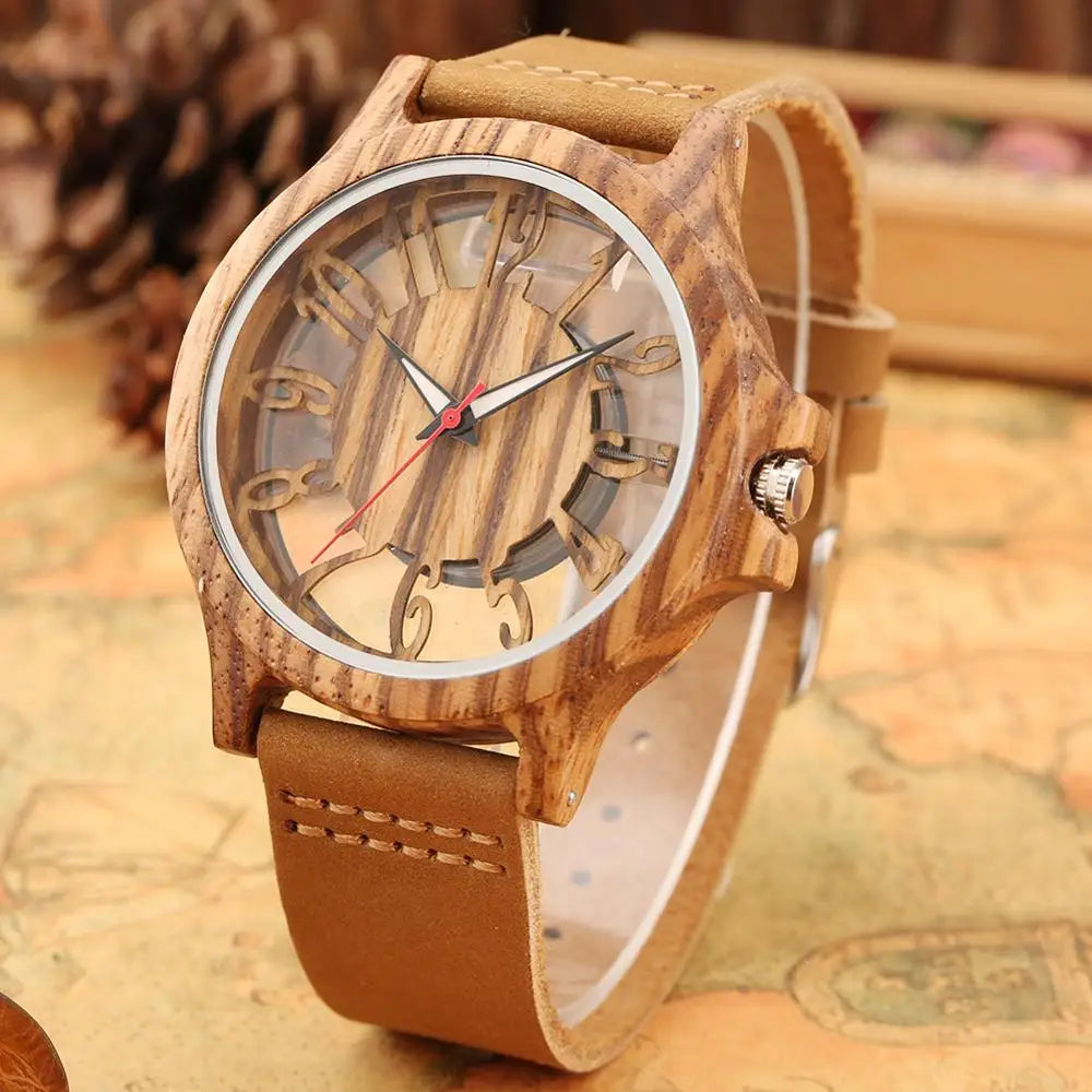 Retro Hollow Transparent Dial Wooden Watches Quartz Timepieces Clock Male Mens Watches Retro Leather Man Clock Relogio Masculino