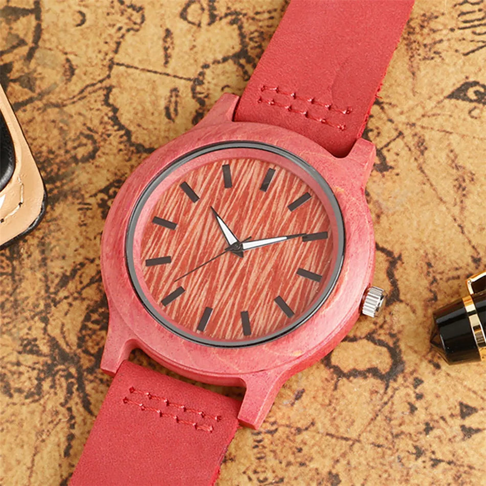 Stylish Simple Green/Red Bamboo Wood Watch Women Genuine Leather Quartz Wristwatch Simple Casual Ladies Wooden Timepiece