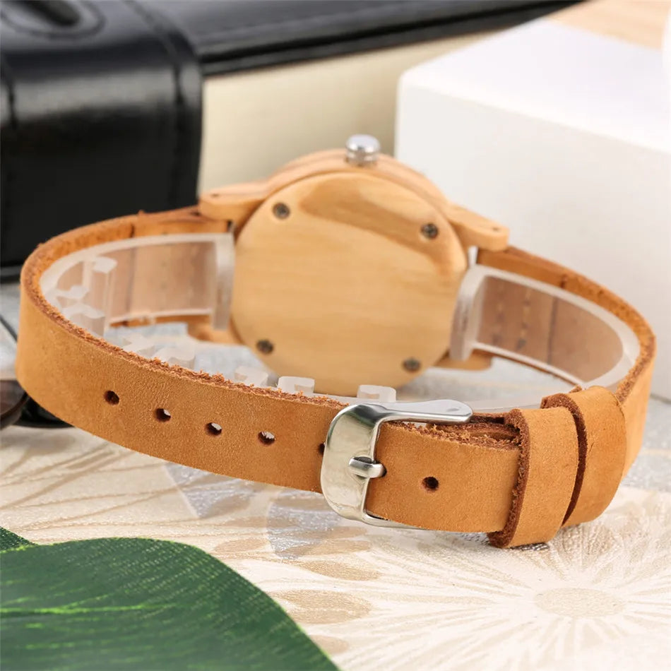 Trendy Minimalist Blue Dial Women Watches Natural Bamboo Wood Case Slim Genuine Leather Wristband Lady Wristwatch Female Watch