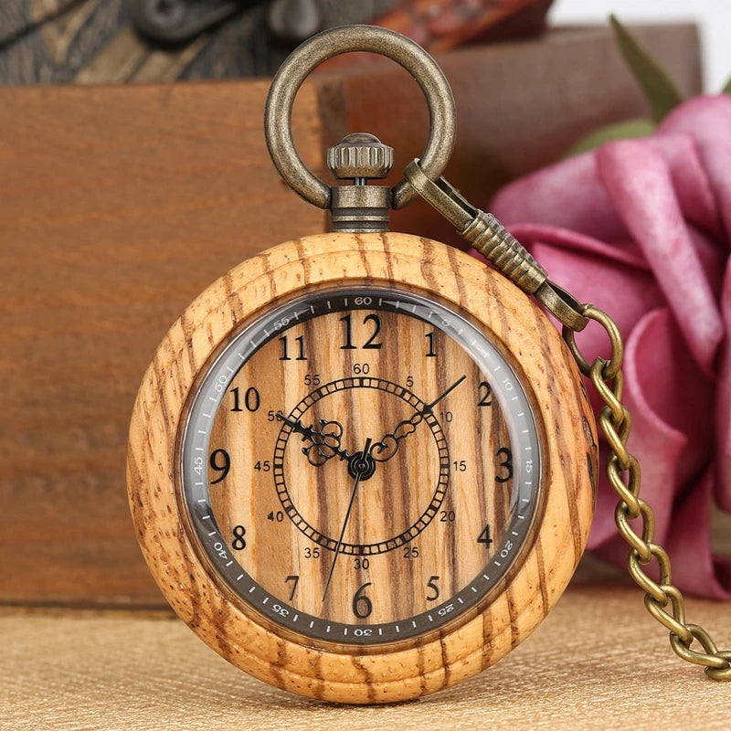 Vintage Wood Watch Quartz Pocket Watch Ebony Walnut  Wooden Chain Open Face FOB Lightweight Clock Christmas Gifts for Men Women