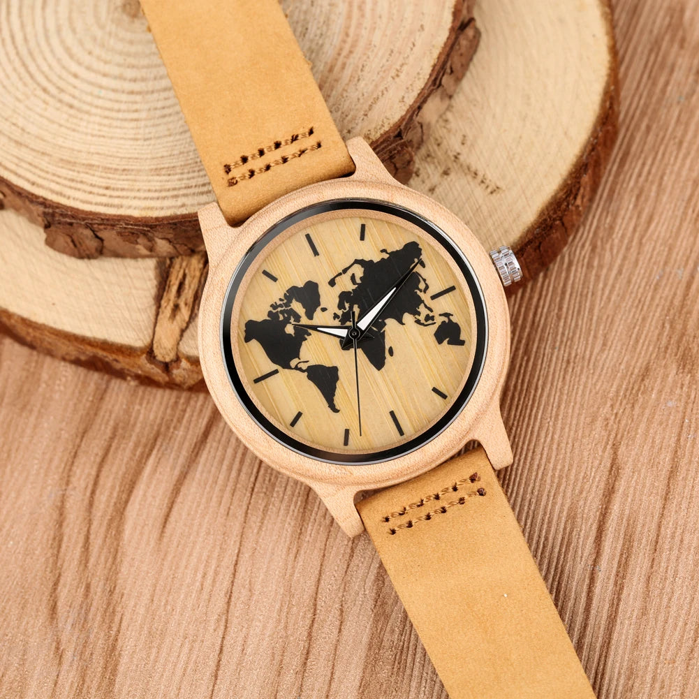 Simple Art Ink Maple World Map Pattern Dial Watch Women's Wood Watch Leather Band Casual Quartz Wooden Wristwatches Ladies Clock