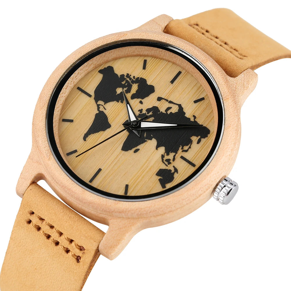 Simple Art Ink Maple World Map Pattern Dial Watch Women's Wood Watch Leather Band Casual Quartz Wooden Wristwatches Ladies Clock