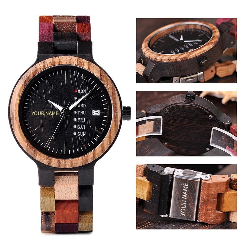 BOBO BIRD Wood Watch Men Women Quartz Week Date Display Colorful Engrave Your Name Wooden Logo Customize Valentine's Day Gift