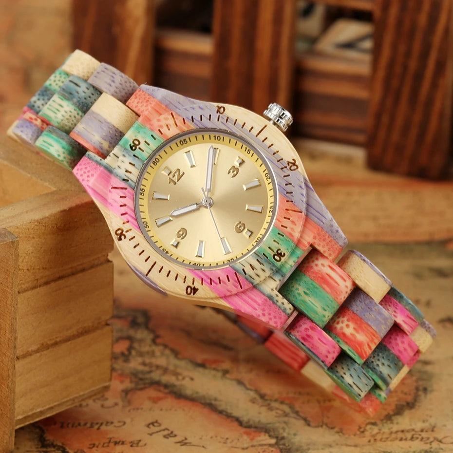 Women Wood Watch 100% Handmade Natural Colorful Bamboo Quartz Wristwatch Design Luxury Montre Bambu Dama Madera Relojes De Mujer