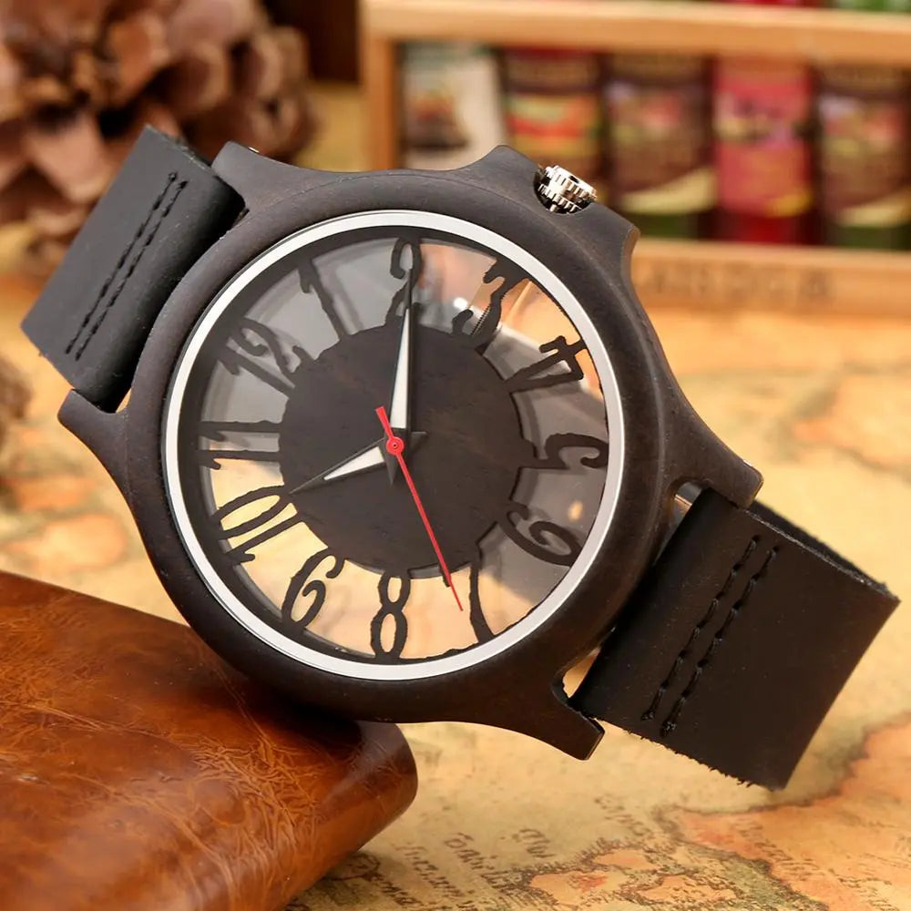 Retro Hollow Transparent Dial Wooden Watches Quartz Timepieces Clock Male Mens Watches Retro Leather Man Clock Relogio Masculino