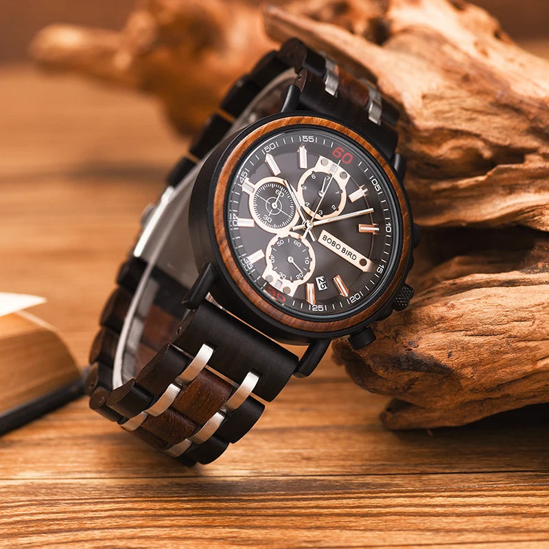 BOBOBIRD Wood Watch Men Date Display Luminous Hand Multi-function Chronograph Wristwatches reloj hombre with Wooden Box L-S18