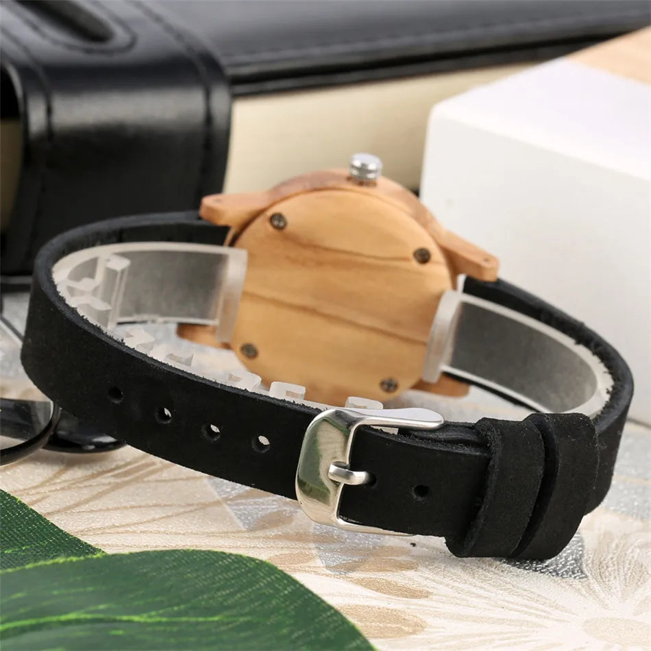 Trendy Minimalist Blue Dial Women Watches Natural Bamboo Wood Case Slim Genuine Leather Wristband Lady Wristwatch Female Watch