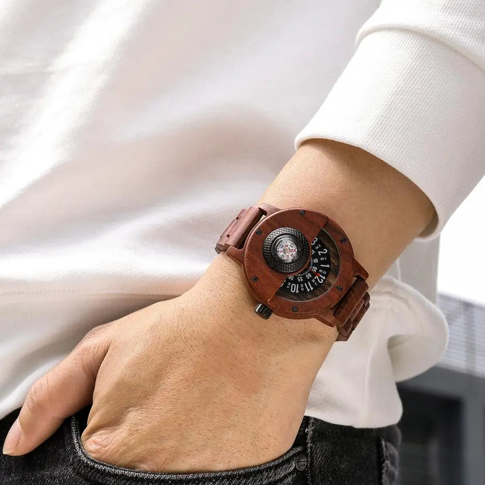 Creative Wood Watch Unique Compass Turntable Wood Watches Men's Semicircle Dial Clock Quartz Clock Retro Hour Relogio Masculino