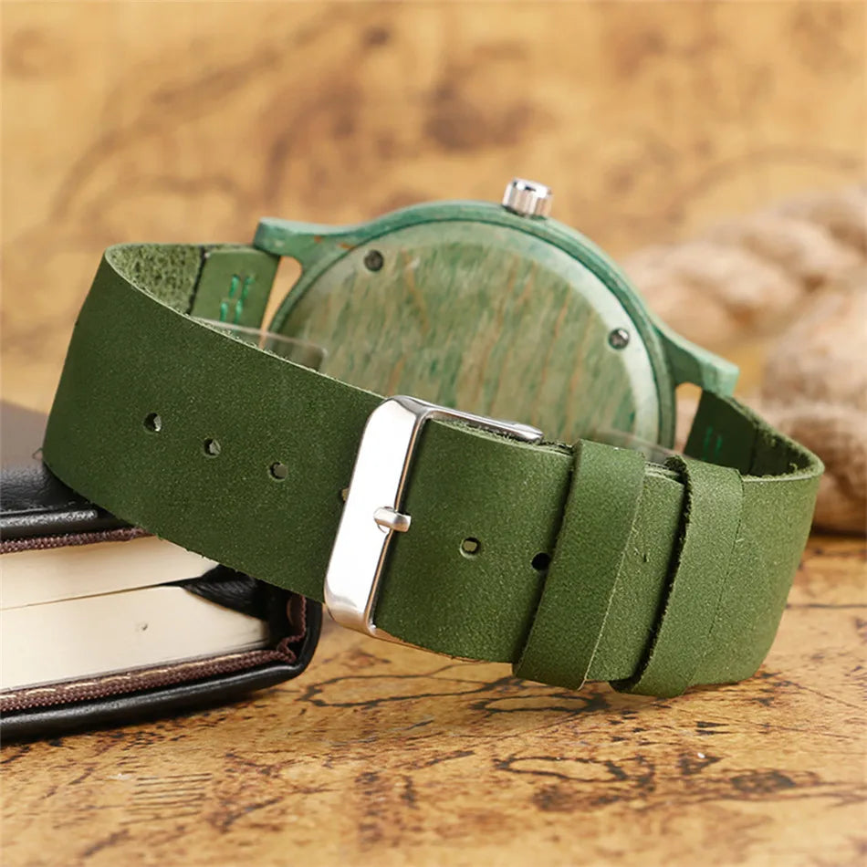 Stylish Simple Green/Red Bamboo Wood Watch Women Genuine Leather Quartz Wristwatch Simple Casual Ladies Wooden Timepiece