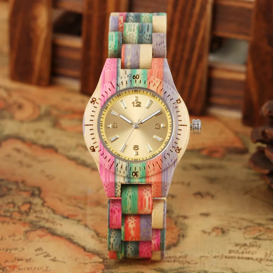 Women Wood Watch 100% Handmade Natural Colorful Bamboo Quartz Wristwatch Design Luxury Montre Bambu Dama Madera Relojes De Mujer