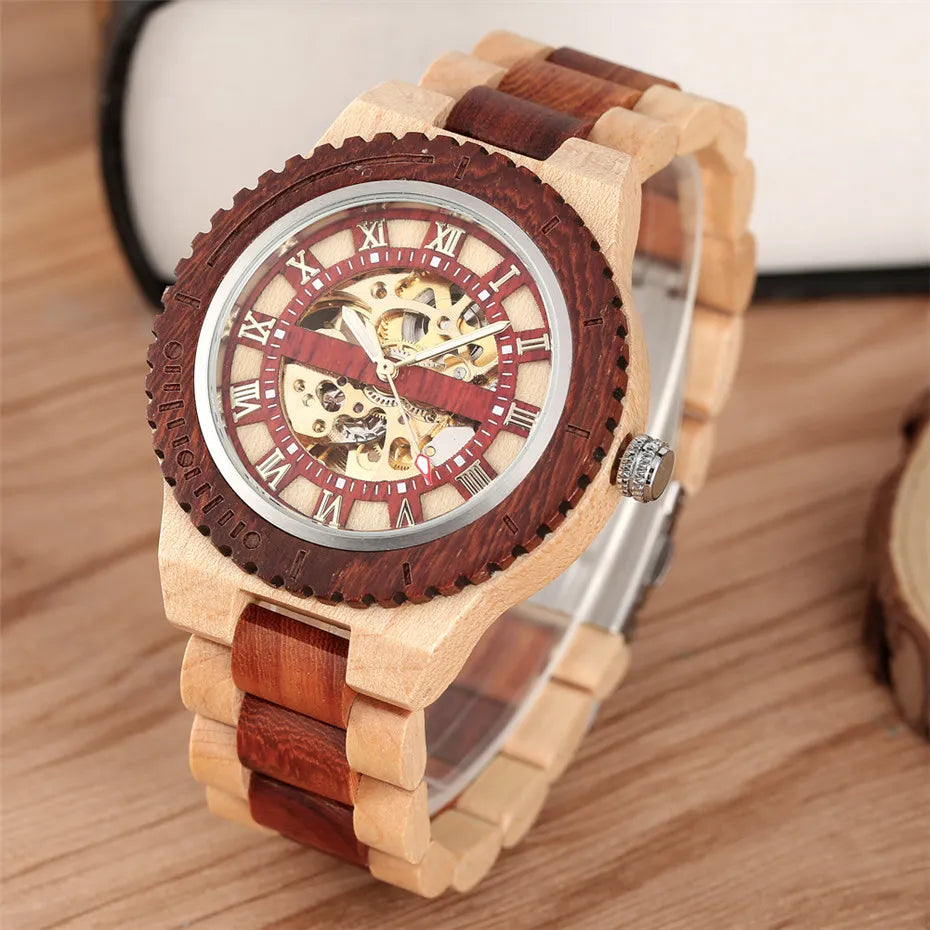 Roman Numerals Display Wooden Men Watch Automatic Mechanical Wood Bangle Wristwatch Self-Winding Luxury Male Clock New 2019