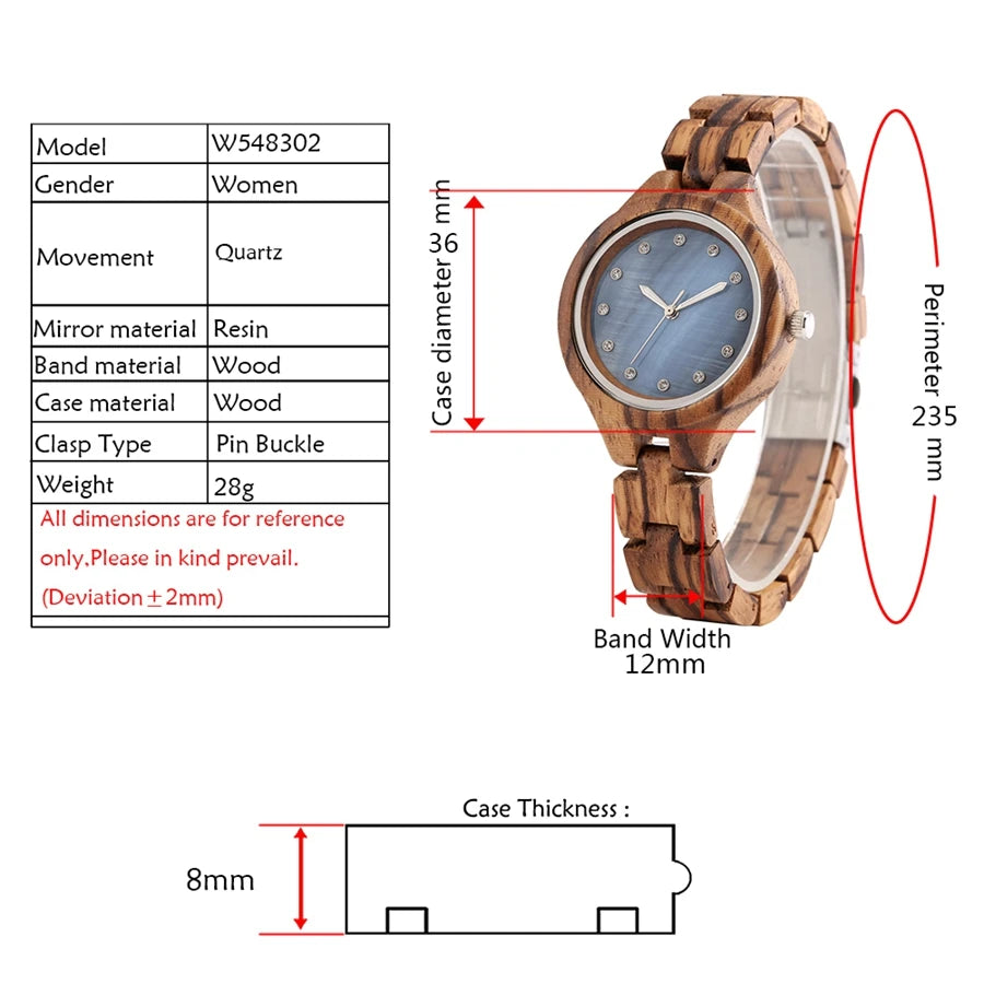 Charming Concise Blue Dial Rhinestone Quartz Wooden Watch Ladies Adjustable Wooden Band Bracelet Watch Women's Wrist Reloj Mujer