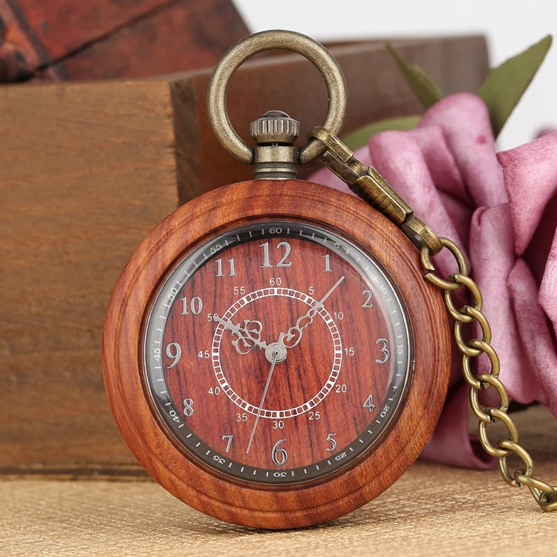 Vintage Wood Watch Quartz Pocket Watch Ebony Walnut  Wooden Chain Open Face FOB Lightweight Clock Christmas Gifts for Men Women