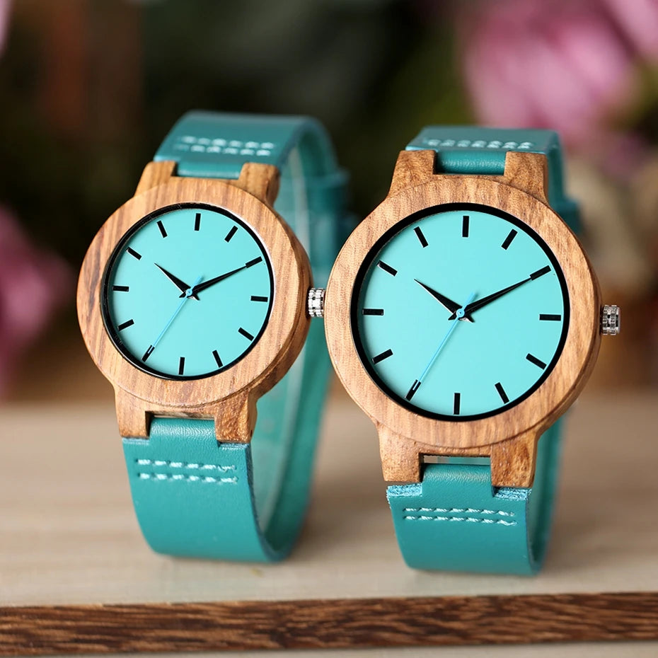 Turquoise Blue Wood Watch Fashion Women Quartz Wooden Watches Modern Bamboo Watch Lady Leather Band Clock Top Gifts Luxury reloj