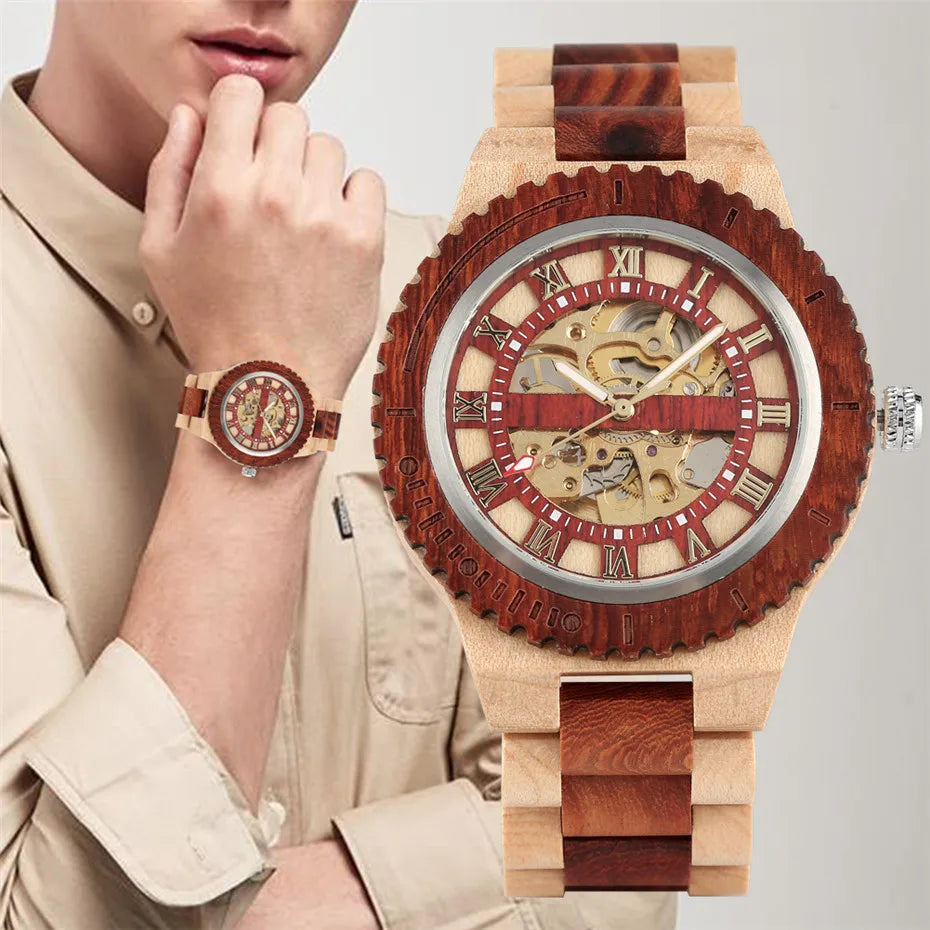 Roman Numerals Display Wooden Men Watch Automatic Mechanical Wood Bangle Wristwatch Self-Winding Luxury Male Clock New 2019