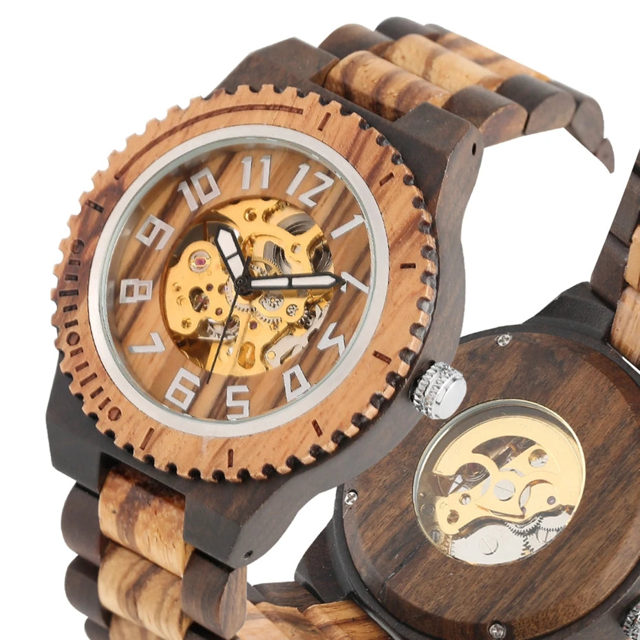 Retro Wooden Watch Mens Automatic Mechanical Watches Adjustable Wood Bracelet Self Winding Clock Hours Wristwatch Relojes Hombre