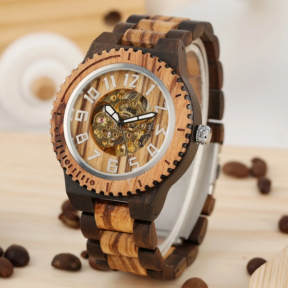 Retro Wooden Watch Mens Automatic Mechanical Watches Adjustable Wood Bracelet Self Winding Clock Hours Wristwatch Relojes Hombre