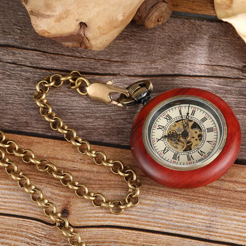 Vintage Wood Case Mechanical Pocket Watch Roman Numerals Dial Hand Wind Men Skeleton Watch With FOB Chain Pendant For Man Ladies