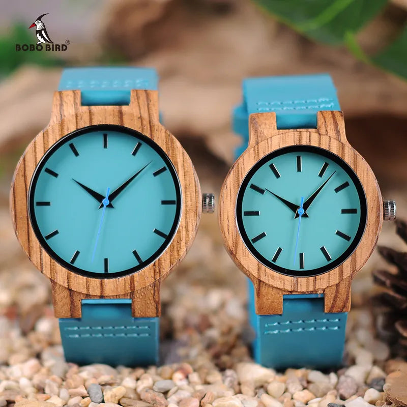 BOBO BIRD Women Watches Zebra Wooden Timepieces Turquoise Blue Leather Men Watch Lovers Gifts Relogio Masculino Drop Shipping