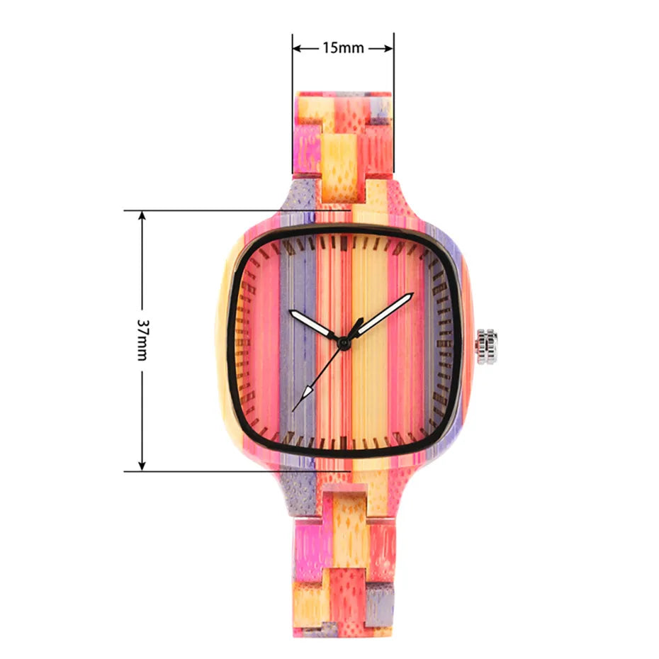 Square Rainbow Color Wood Watch Women Watches Unique Analog Display Ladies Watch Luxury Quartz Female Wristwatches