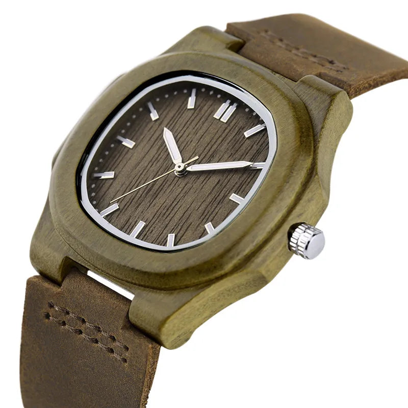 Special Nature Wood Watches for Men Quadrilateral Shape Genuine Leather Leisure Sport Wooden Wristwatches Man Husband Gifts 2017