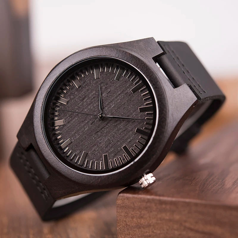 BOBOBIRD Best Gift TO MY Husband Personal Custom Ebony Leather Watch GiftS Personalized Men Wood Wristwatch