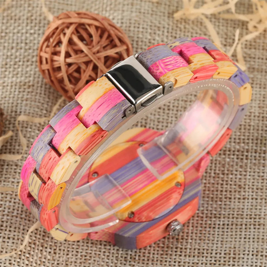 Square Rainbow Color Wood Watch Women Watches Unique Analog Display Ladies Watch Luxury Quartz Female Wristwatches