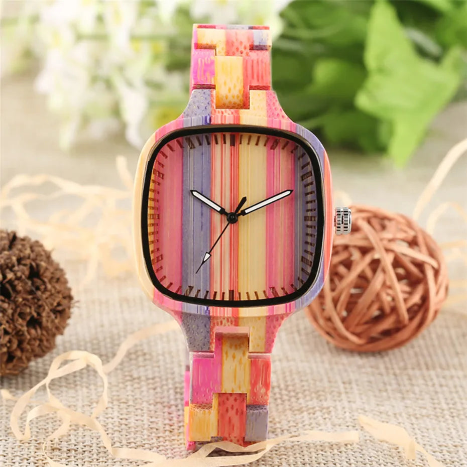 Square Rainbow Color Wood Watch Women Watches Unique Analog Display Ladies Watch Luxury Quartz Female Wristwatches