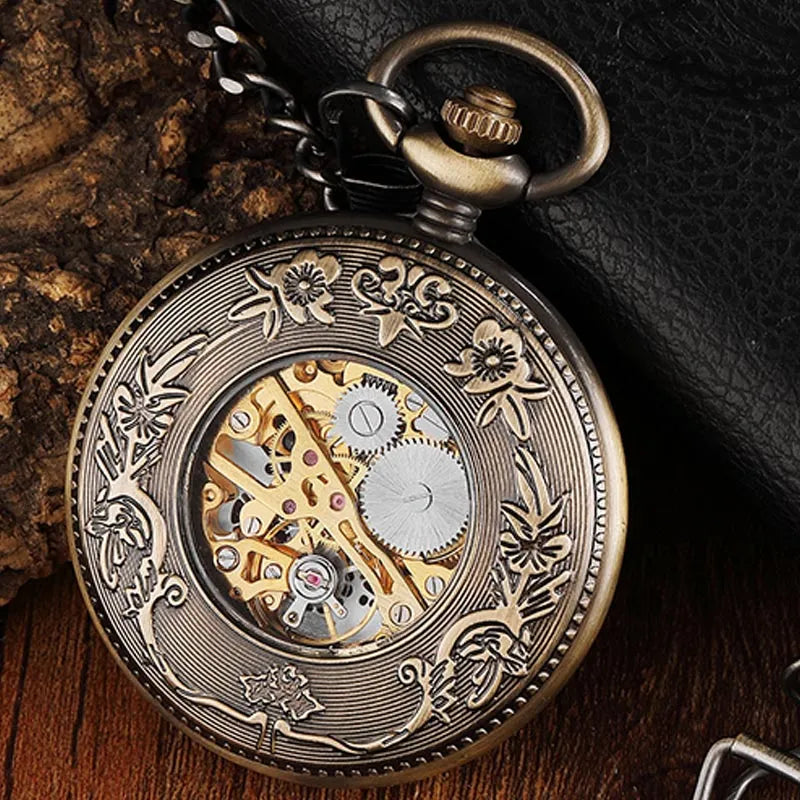 Vintage Wood Circel Gear Dial Bronze Antique Old Mechanical Pocket Watch Men Engraved Fob Hand Wind Steampunk Male Gifts Clock