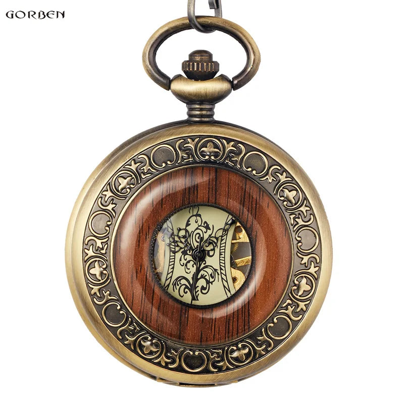 Retro Wood Circle Skeleton Pocket Watch Men Women Unisex Mechanical Hand-winding Vintage Roman Numerals Necklace Steampunk Watch