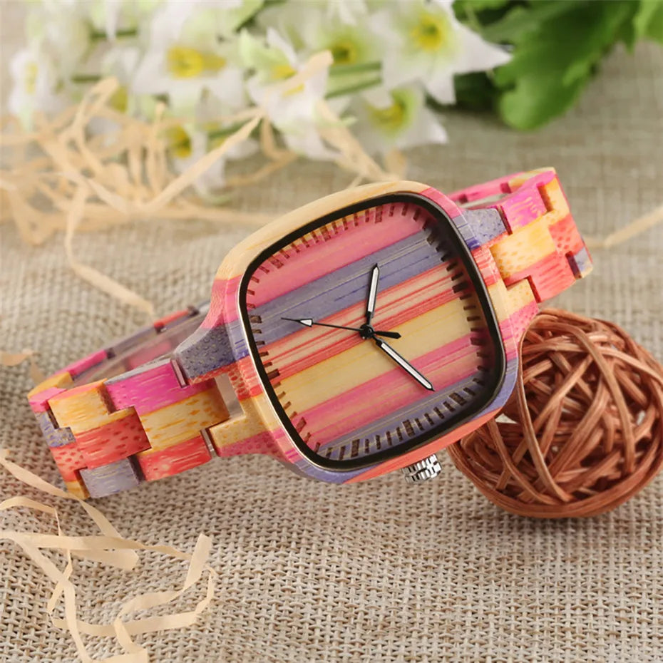 Square Rainbow Color Wood Watch Women Watches Unique Analog Display Ladies Watch Luxury Quartz Female Wristwatches