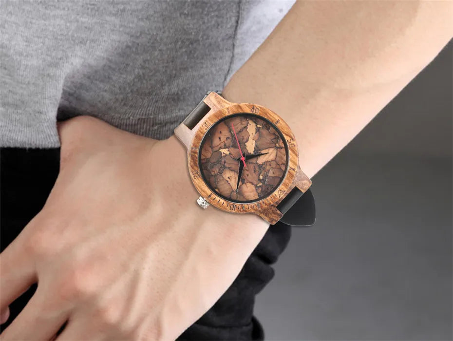 Unique Irregular Pattern Display Wood Watches Quartz Timepiece Men's Genuine Leather Casual Hot Fashion Male Wooden Clock reloj