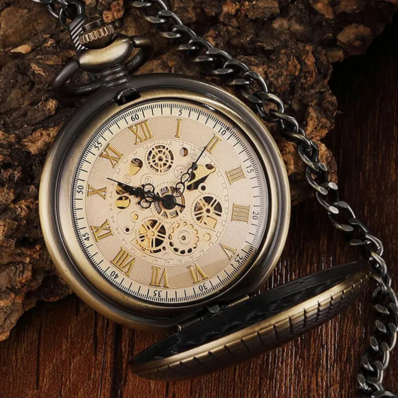 Vintage Wood Circel Gear Dial Bronze Antique Old Mechanical Pocket Watch Men Engraved Fob Hand Wind Steampunk Male Gifts Clock