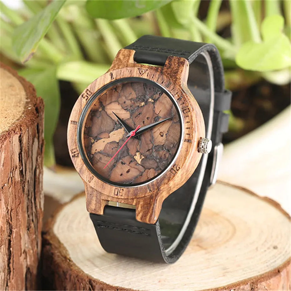 Unique Irregular Pattern Display Wood Watches Quartz Timepiece Men's Genuine Leather Casual Hot Fashion Male Wooden Clock reloj