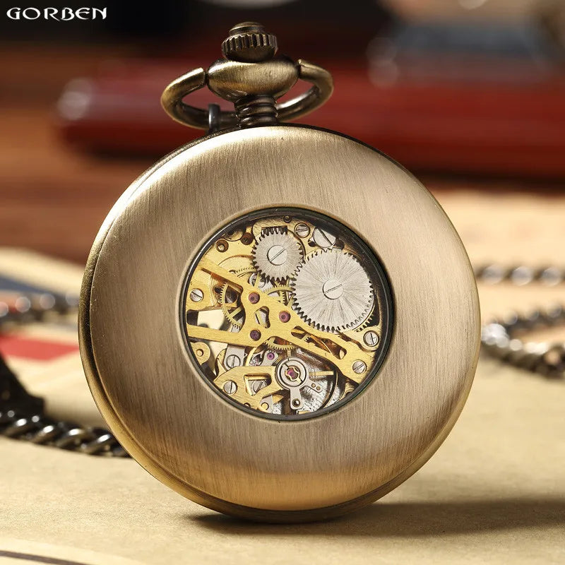 Retro Wood Circle Skeleton Pocket Watch Men Women Unisex Mechanical Hand-winding Vintage Roman Numerals Necklace Steampunk Watch