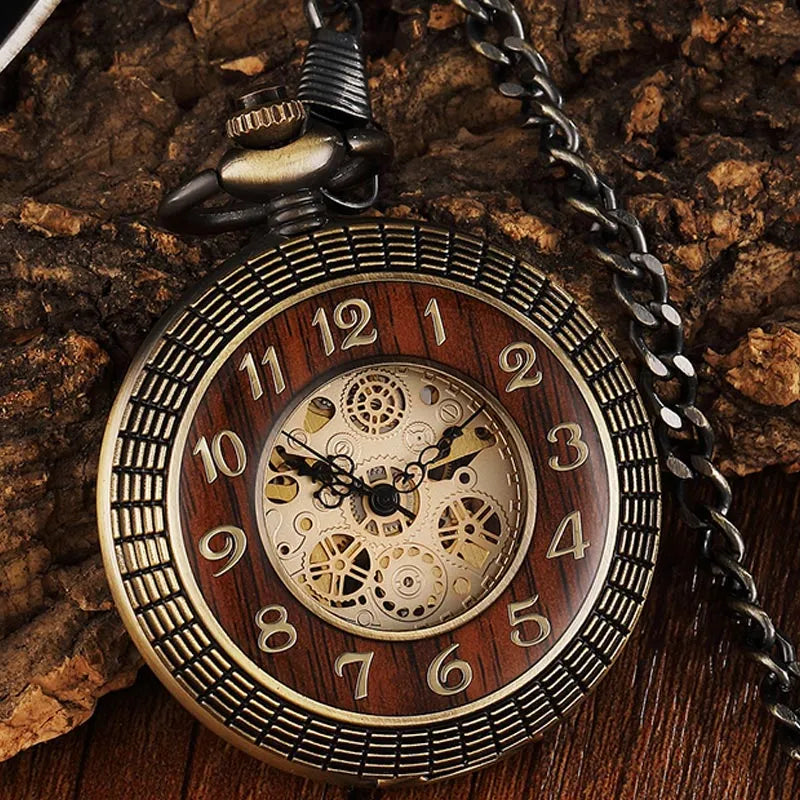 Vintage Wood Circel Gear Dial Bronze Antique Old Mechanical Pocket Watch Men Engraved Fob Hand Wind Steampunk Male Gifts Clock