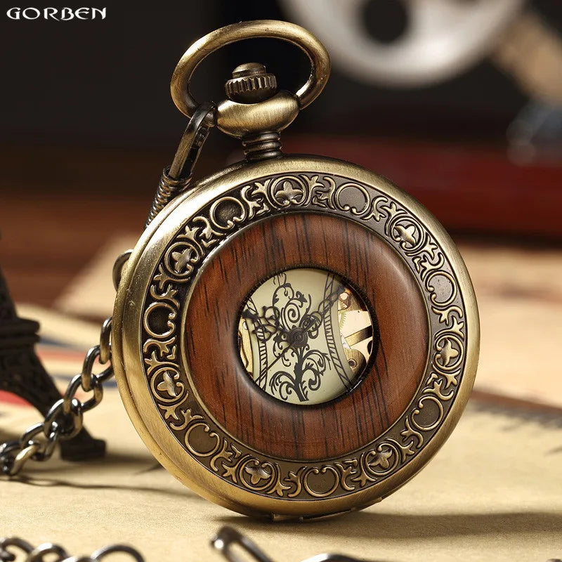 Retro Wood Circle Skeleton Pocket Watch Men Women Unisex Mechanical Hand-winding Vintage Roman Numerals Necklace Steampunk Watch