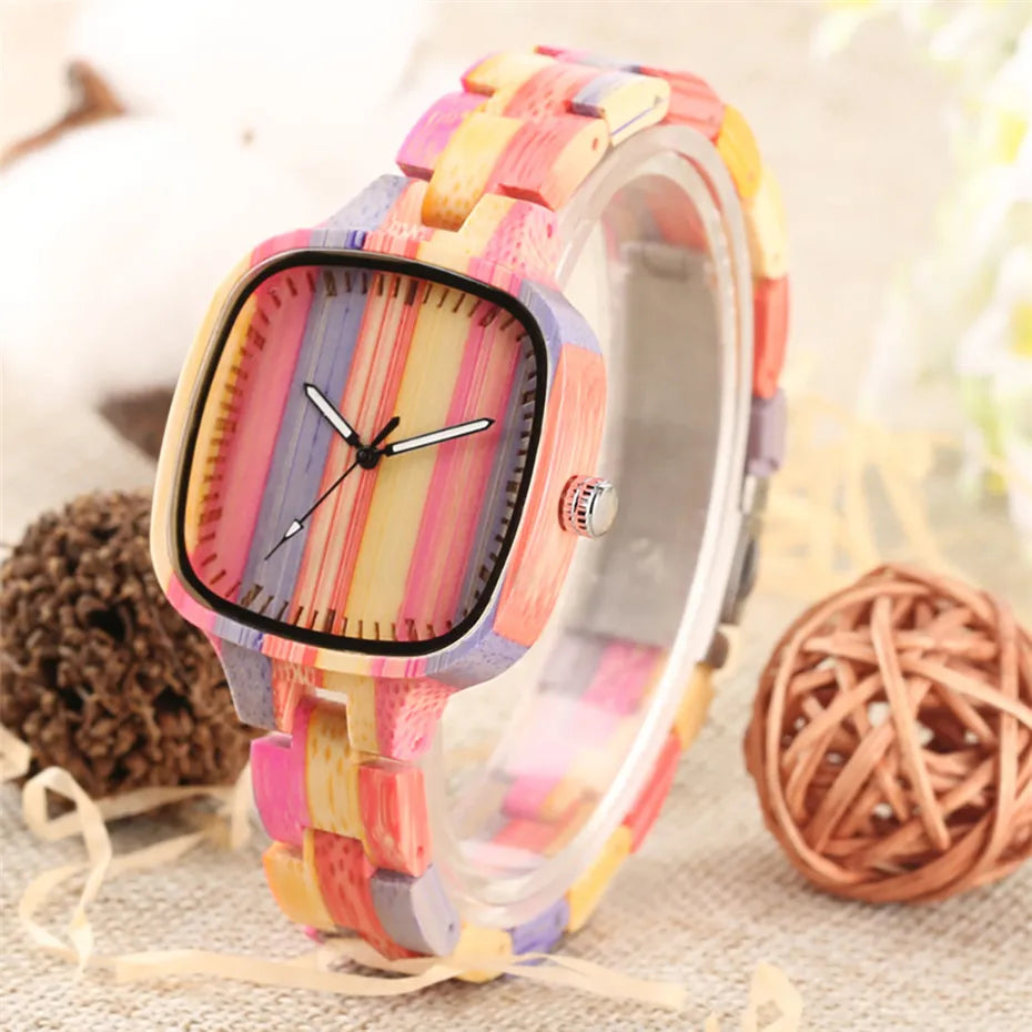 Square Rainbow Color Wood Watch Women Watches Unique Analog Display Ladies Watch Luxury Quartz Female Wristwatches